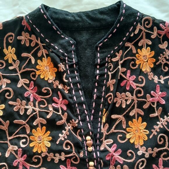 Handmade Women’s M Embroidered Floral Beaded Tassel Boho Cotton Midi Kurti Dress - Picture 4 of 12